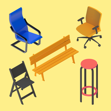 Chair, armchair, stool, bench, furniture vector isometric set. Interior collection element. Office home bar restaurant furniture setchair seat armchair stool lounge element flat 3d isometryのイラスト素材