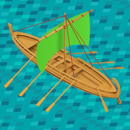 Sailing boat isometric vector illustration. Oar boat  icon. Oared ship isometric. Wooden sailboat marine water transport. Detailed barque realistic premium.のイラスト素材