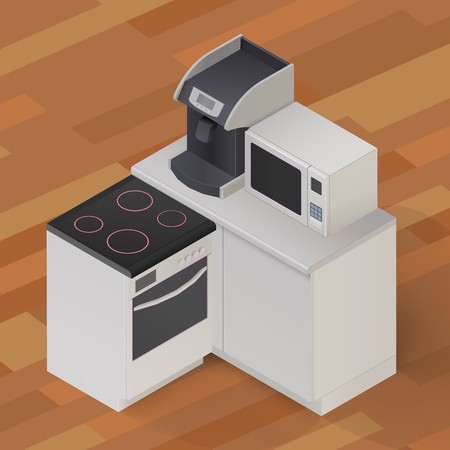 Isometric Stove cooker oven, microwave coffee-maker, kitchenware on wooden floor background illustration.のイラスト素材