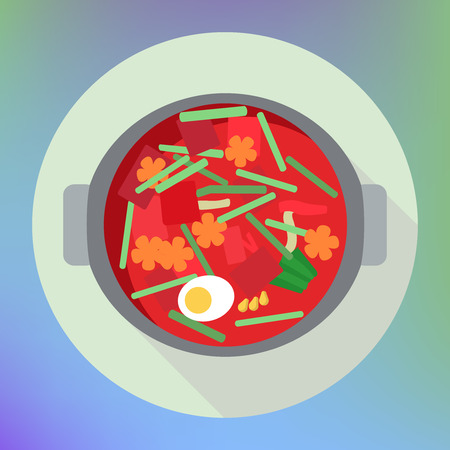 vegetable beet soup borsch flat icon. traditional russian cuisine. red soup in pot flat with vegetables and egg top view sign. flat icon with long shadow.のイラスト素材