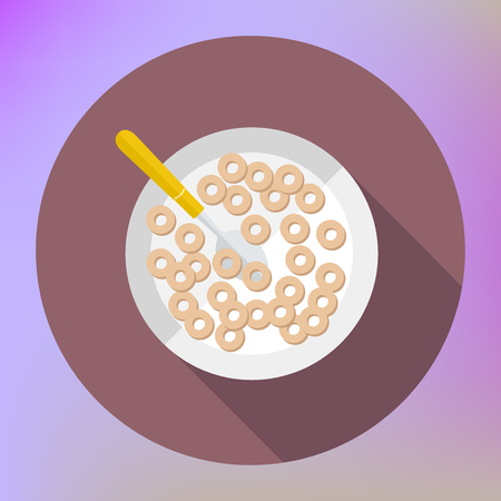 Cornflakes cereals with spoon in bowl flat icon top view. flat icon with long shadow.のイラスト素材