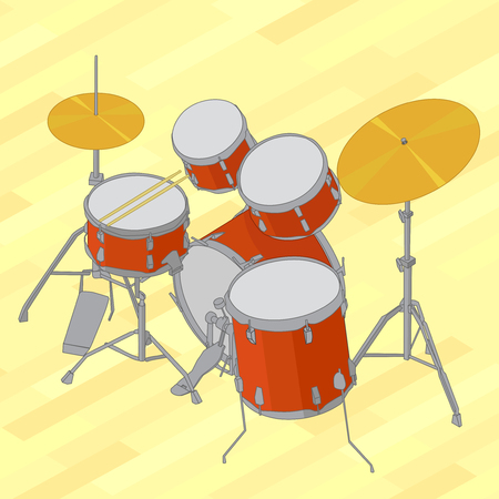 Drum set flat isometric picture. Vector illustration of flat isometric drum kit. Drum set flat isometric design vector illustration on yellow background.のイラスト素材