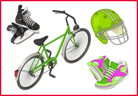 Spert equipment set of isometric flat vector 3d illustrations - ice skates, bicycle, sneakers for running, football rugby helmet.のイラスト素材