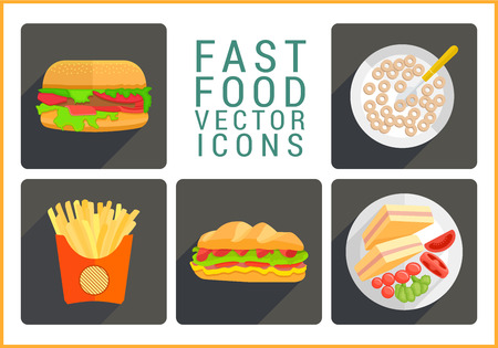 Fast food flat modern icons set. Collection of various junk food pictograms.のイラスト素材