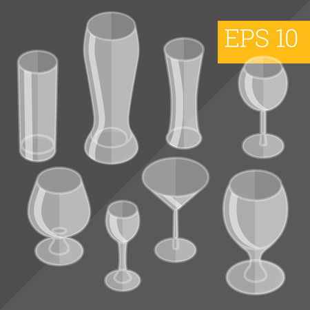 transparent empty glassware collection flat style set eps10 vector illustration. Various types of stemware. beer glasses, mugs and gobletsのイラスト素材