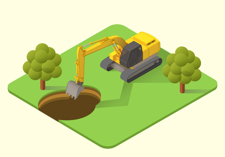 excavator dig machine vector isometric illustration. mining excavator flat.のイラスト素材