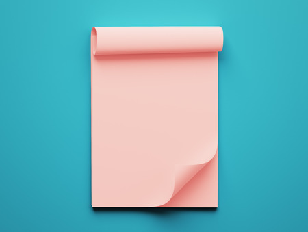 Blank Red Paper Notepad isolated on blue backgroundの写真素材