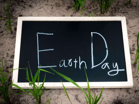 earth day text wrote on a chalkboard put in ground on the paddy farm. concept for earth day.の写真素材