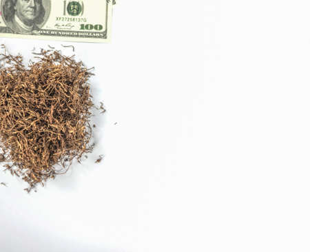 heap of tobacco with banknote lay on white background with copy space. concept for tobacco economy, tobacco trading.の写真素材
