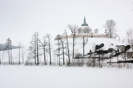 Church in winter, Zelena Hora near Zdar nad Sazavou, Czech Republicの写真素材
