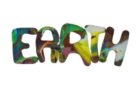 Plasticine letters forming word Earth written on white backgroundの写真素材