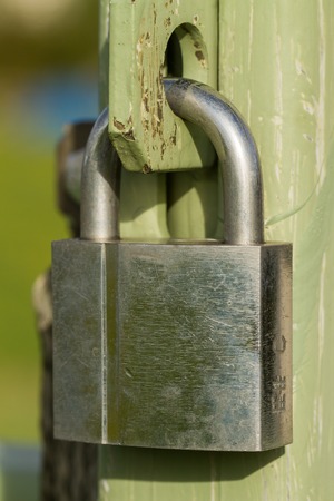 Closed silver padlock on a metal doorの写真素材