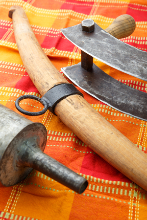 Old kitchen tools for the production of meat products - sausagesの写真素材
