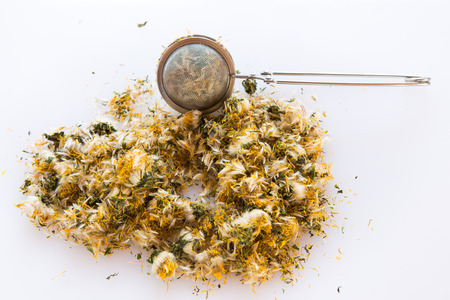 Dried dandelion flower and a strainer for making herbal tea. Healthy herbs isolated on white background.の写真素材