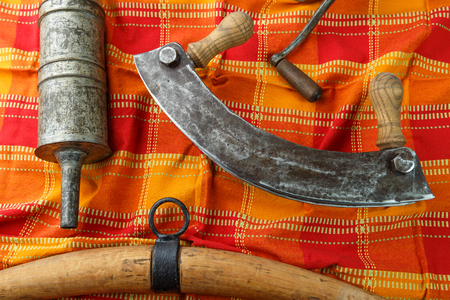 Old kitchen tools for the production of meat products - sausagesの写真素材