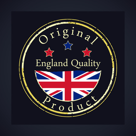 Gold grunge stamp with the text England quality and original product. Label contains England's flag.のイラスト素材