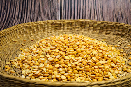 Brown bowl full of dry pea. Healthy eating and vegetarian concept.の写真素材