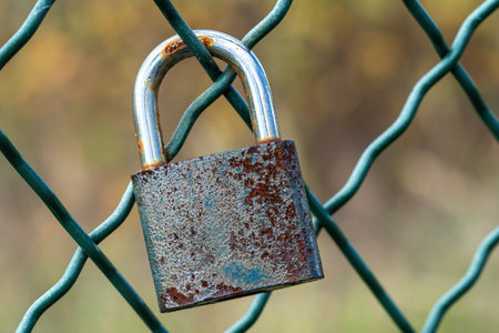 Lock as a symbol of love locked on the meshの写真素材