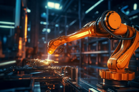 Robotic arm for electronic assembly line. Smart modern factory automation using advanced machines. Generative AIの素材