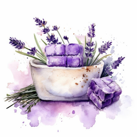 Watercolor illustration of lavender flowers and lavender soap in bowl - Generative AIの素材