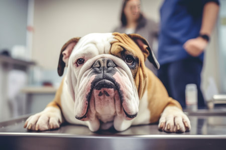 Close up of a beautiful english bulldog at the veterinarian.の素材