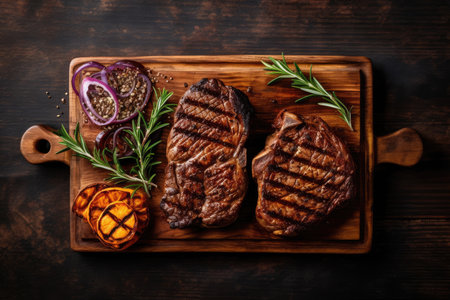 Grilled meat barbecue steak on wooden cutting board with rosemary and copy space. Top viewの素材