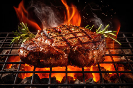 Beef steak with rosemary on the grill with smoke and flamesの素材