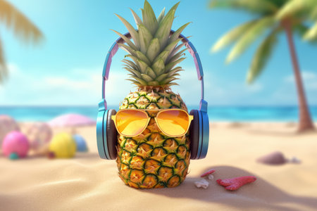 Pineapple with sunglasses and headphones at tropical beachの素材