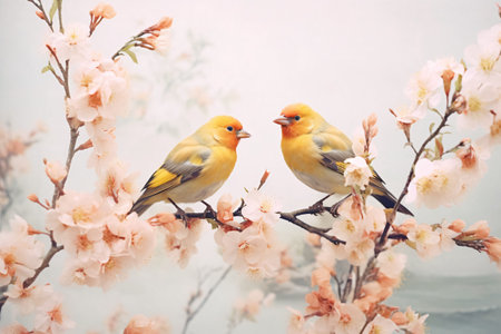 Pair of yellow birds in spring nature. Pastel color style in pink tones - Generative AIの素材