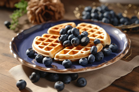 Freshly baked waffles with blueberries on plate, morning breakfast. Generative AIの素材