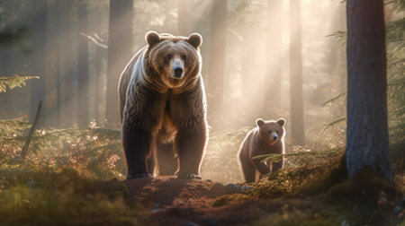Bear with cubs in the forest and sun rays shining through the trees. Generative AIの素材