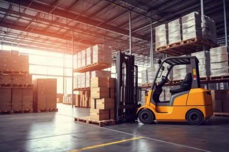 Forklift loader with pallet in warehouse. Generative AIの素材
