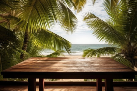Empty wooden table over blue sea, beach and palm leaves background in summer day. Space for product display. Generative AIの素材