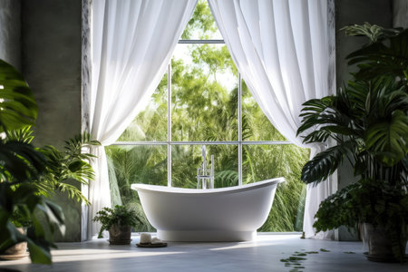 Luxury ceramic bathtub by the window and green tropical plants. Modern interior. Generative AIの素材