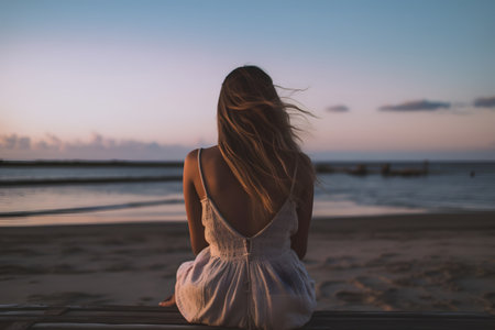 Rear view of a beautiful woman sitting on the beach. Generative AIの素材