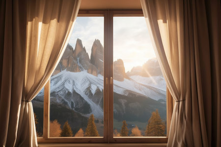 View from the window of the beautiful mountain landscape, the Dolomites. Generative AIの素材