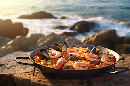 Traditional seafood paella in the pan on a table by the sea. Generative AIの素材