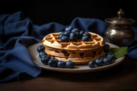 Freshly baked waffles with blueberries on plate, morning breakfast. Generative AIの素材