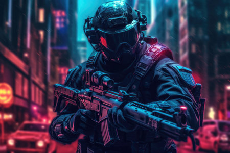 Special forces soldier police and with high technology gun. Generative AIの素材