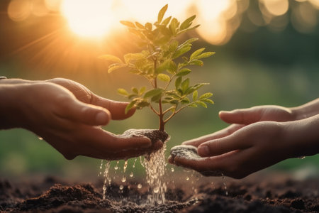 Two hands holding water and watering a young tree. Earth day concept. Generative AIの素材