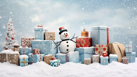 Christmas gift boxes on snow with snowman. Generative AIの素材
