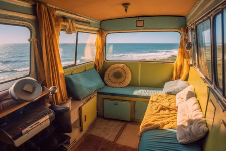 View of the sea and the beach from the interior of a vintage van for travelling. Generative AIの素材