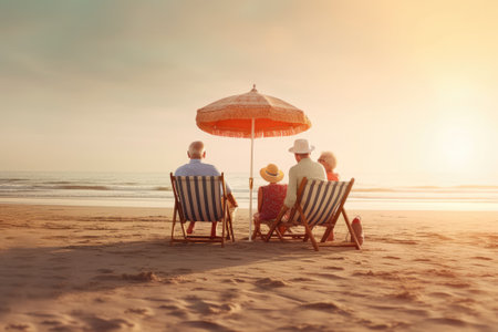 Happy seniors enjoying retirement on a beach. Generative AIの素材
