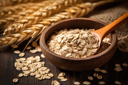 Oatmeal in wooden spoon with ripe oat ears and grains as background. Generative AIの素材