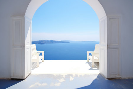 View of the sea from the house through the arch, Santorini island, Greece. Generative AIの素材