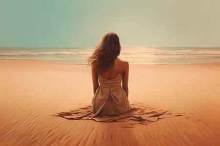 Rear view of a beautiful woman sitting on the beach. Generative AIの素材