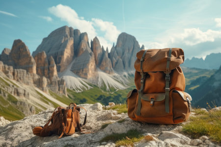 Tourist equipment. Backpack and boots in the mountains, Dolomites. Generative AIの素材