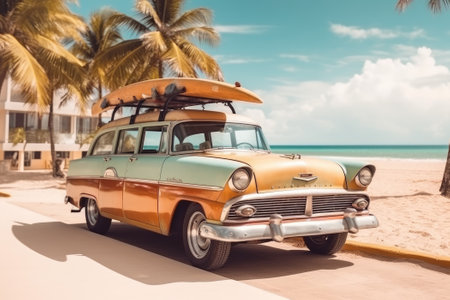 Vintage car parked on the tropical beach with a surfboard on the roof. Generative AIの素材
