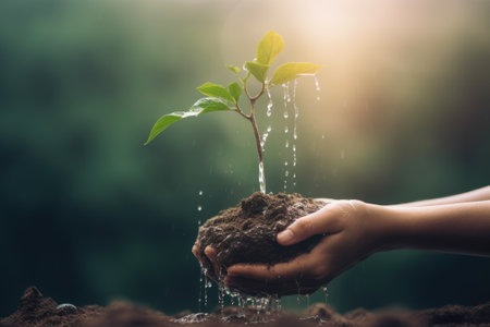 Women's hands plant a tree World Environment Day concept of planting forests. Earth day concept. Generative AIの素材