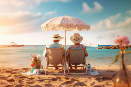 Happy seniors enjoying retirement on a beach. Generative AIの素材